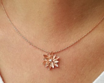 Lotus Necklace / Gold Necklace / Diamond Necklace / 14K Solid Gold & Natural Diamond Handmade Flower Necklace