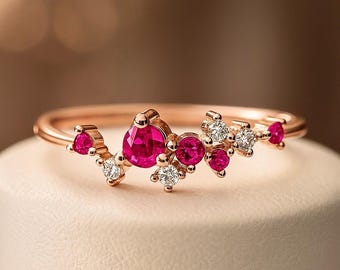 Cz Ruby Cluster Ring / Ruby Ring / Cluster Ring / Gold Ring / Stacking Rings / Handmade Ruby Jewelry