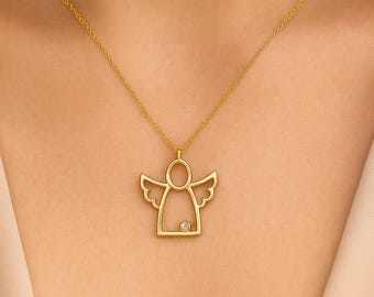 14K Gold Diamond Angel Necklace • Guardian Angel Pendant • Solid Gold Winged Angel Jewelry Gift for Women