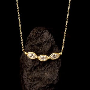 Marquise CZ Necklace in 925 Sterling Silver – Dainty Gold-Plated Bar Pendant, Minimalist Layering Jewelry