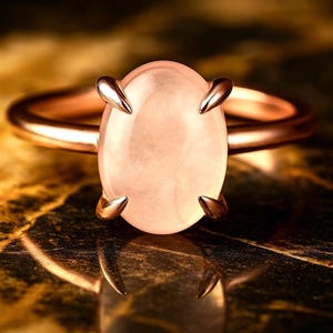Solid Gold Ring with Cabochon Rose Quartz | 8K Minimalist Pink Gemstone Statement Jewelry, Rose Quartz Ring in 8K Solid Gold | Pink Cabochon
