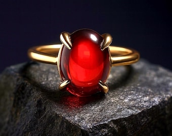 14K Solid Gold Ring with Cabochon Cut Ruby Red Zirconia – Vintage Style Solitaire Statement Jewelry - Bold Statement Jewelry -