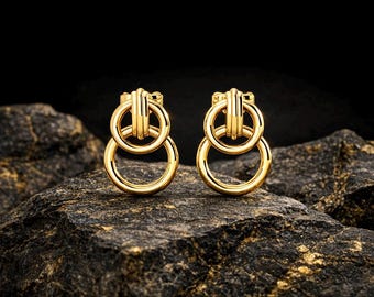 14K Gold Doppelkreis Ohrringe, Moderne Geometrische Ohrstecker