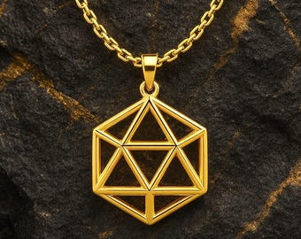 Collar con colgante geométrico de icosaedro en oro macizo de 14k • Joyería moderna de geometría sagrada • Charm minimalista de polígono 3D