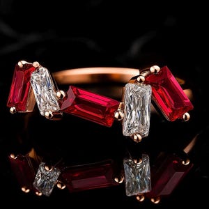 Solid 8K Gold Baguette CZ Ruby and Diamond Ring – Dainty Stacking Ring, Minimalist Red and Clear Gemstone Band, Gift for Her