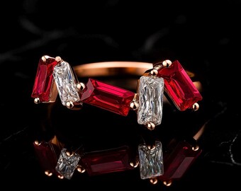 Solid 8K Gold Baguette CZ Ruby and Diamond Ring – Dainty Stacking Ring, Minimalist Red and Clear Gemstone Band, Gift for Her