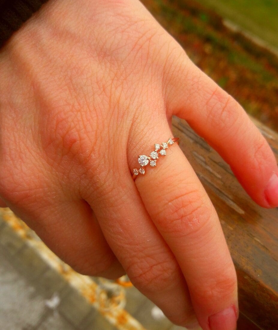 14K Massief Goud Handgemaakte Diamanten Ring Cluster Ring Gouden Ring Sieraden Ringen Stapelbare ringen Sierlijke Diamanten Ring Stapelen Ringen 