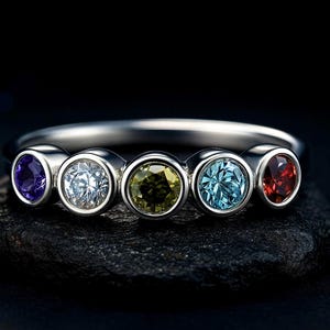 8K Solid Gold Five Birthstone Ring – D Color VVS1 Moissanite Multi Gemstone Band, Minimalist Family Ring, Anniversary or Mother’s Gift