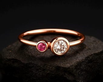 14K Gold Minimalist Ring – D Color VVS1 CVD Diamond and Ruby Duo Stone Design - Diamond Ring - Gold Ring - Ruby Ring