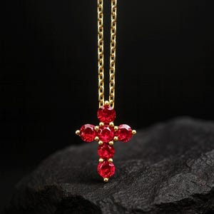 925 Sterling Silver Ruby CZ Cross Necklace – Gold Plated Dainty Pendant with Red Cubic Zirconia Stones – July Birthstone Christian Gift