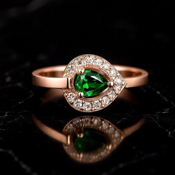 8K Solid Gold Teardrop Emerald Ring | VVS1 D Color Moissanite Halo | Pear Cut CZ Green Gemstone Engagement Ring | Dainty Gold Ring for Women