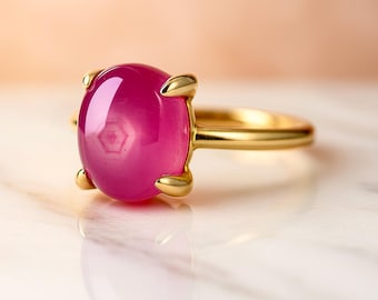 14K Gold Cabochon Ruby Ring – Handmade July Birthstone Ring – Vintage Style Pink Gemstone Jewelry - Yellow Gold Ring - Ruby Jewelry