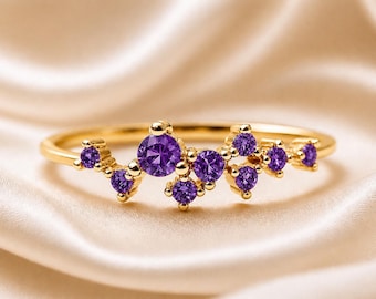 14K Solid Gold Amethyst Cluster Ring, Handmade Gemstone Jewelry