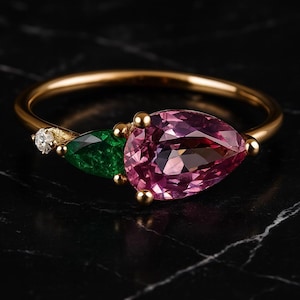 14k Solid Gold & Natural Pink Tourmaline with Natural Emerald Ring/Only one Ring/Gold Ring/Yellow Gold Ring/Diamond Ring/Tourmaline Jewelry