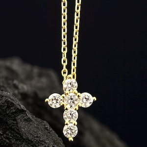 925 Sterling Silver CZ Cross Necklace – Gold Plated Dainty Christian Pendant, Cubic Zirconia Religious Jewelry, Minimalist Gift for Her