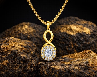14K Gold Infinity Necklace with CVD Diamond, Elegant Diamond Pendant