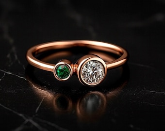 14K Solid Gold Toi et Moi Ring with D Color VVS1 CVD Diamond & Emerald | Minimalist Bezel Set Duo Stone Ring | Modern Gold Engagement Ring