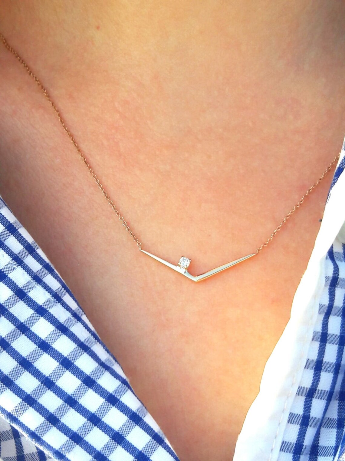 14K Gold Dainty V Necklacev Necklacegold Necklacediamond Etsy