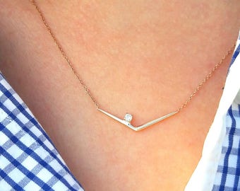 14K Gold Dainty V Necklace-V Necklace-Gold Necklace-Diamond Necklace-14K Gold & Diamond Handmade V Necklace