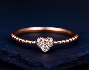 8K Solid Gold Heart Moissanite Ring | D Color VVS1 Clarity | Delicate Beaded Band | Minimalist Promise Ring | Dainty Gold Stacking Ring