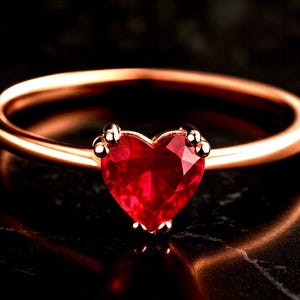 Heart Cut Ruby CZ Ring in 8K Solid Gold – Minimalist Red Gemstone Promise Ring – Dainty Gold Heart Ring – Valentine’s Gift for Her