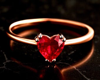 Heart Cut Ruby CZ Ring in 8K Solid Gold – Minimalist Red Gemstone Promise Ring – Dainty Gold Heart Ring – Valentine’s Gift for Her