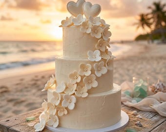 20 flores de hortensias de azúcar color marfil y blanco hechas a mano / Adornos comestibles de pasta de goma para tartas de boda / Decoraciones artesanales para tartas de boda en la playa