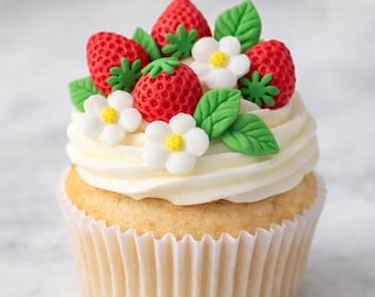 Set of 36 x Edible Sugar Strawberries, Flowers and Leaves Cake Cupcake topper