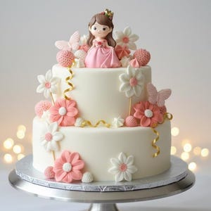 May include: A two-tier white cake decorated with pink and white fondant flowers, small pink textured spheres, and light pink butterflies. A figurine of a character with brown hair wearing a pink dress and a gold crown sits on the top tier.