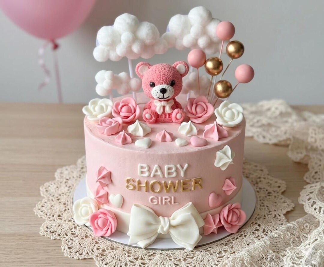 Teddy Bear Cake Topper Set - Baby Shower Girl Cake Decorations - Pink ...