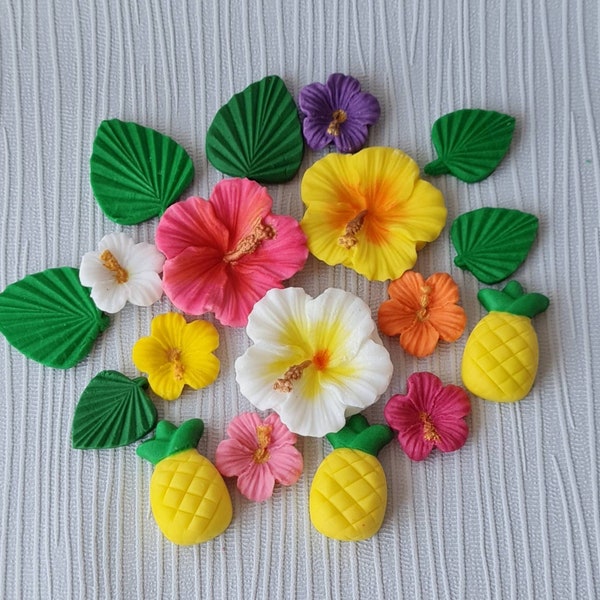 Fleurs tropicales de fête hawaïenne et feuilles pour décorations de gâteaux et cupcakes