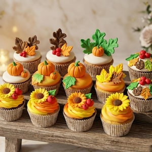 May include: A collection of twelve decorated cupcakes arranged on a wooden stand. The cupcakes feature autumn-themed fondant toppers including orange pumpkins, yellow sunflowers, red berries, and various green, brown, and yellow fall leaves.