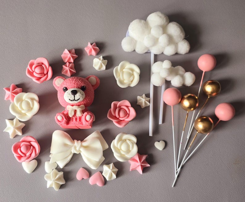 Teddy Bear Cake Topper Set - Baby Shower Girl Cake Decorations - Pink ...
