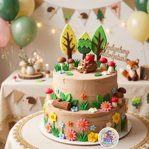 May include: A two-tiered cake decorated with a woodland theme. The cake features a hedgehog, mushrooms, trees, and flowers. The cake is decorated with the words "Hedgehog Adventure". Balloons and a fox figurine are in the background.
