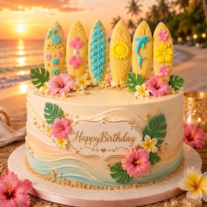 May include: A round cake with light beige frosting featuring wavy blue and peach accents at the base. It is decorated with pink hibiscus flowers, green monstera leaves, and six surfboard-shaped toppers with floral, sun, and dolphin designs. A plaque reads Happy Birthday.
