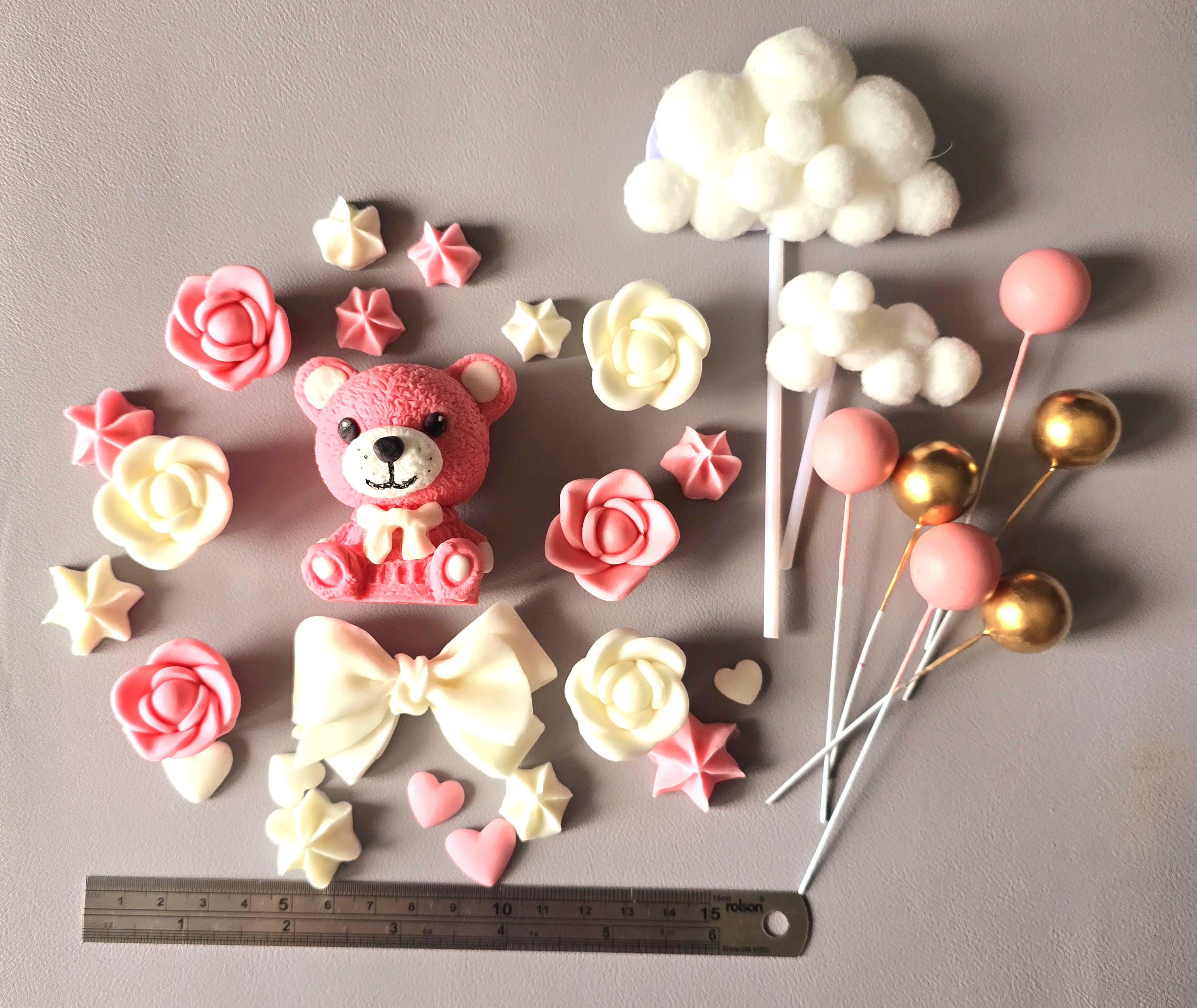 Teddy Bear Cake Topper Set - Baby Shower Girl Cake Decorations - Pink ...