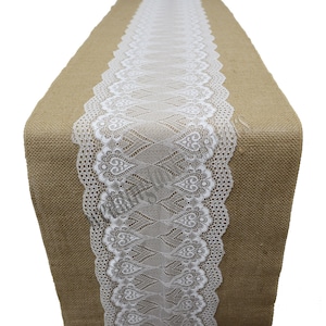 Burlap runner with white lace, Burlap table runner, farmhouse decor , Burlap Wedding, Barn Wedding, rustic chic wedding, Table Décor
