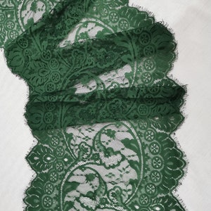 May include: Green lace trim featuring a paisley pattern. The lace has a scalloped edge and a delicate, intricate design.
