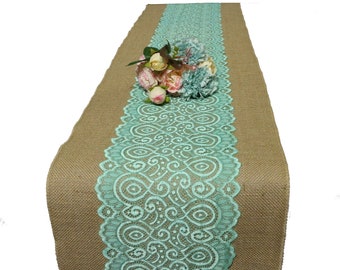 Burlap table runner, Burlap runner with mint lace,burlap and lace table runner for rustic chic wedding, burlap runner