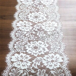 May include: White lace trim with a delicate floral pattern. The lace is approximately 1.5 inches wide and has a scalloped edge.