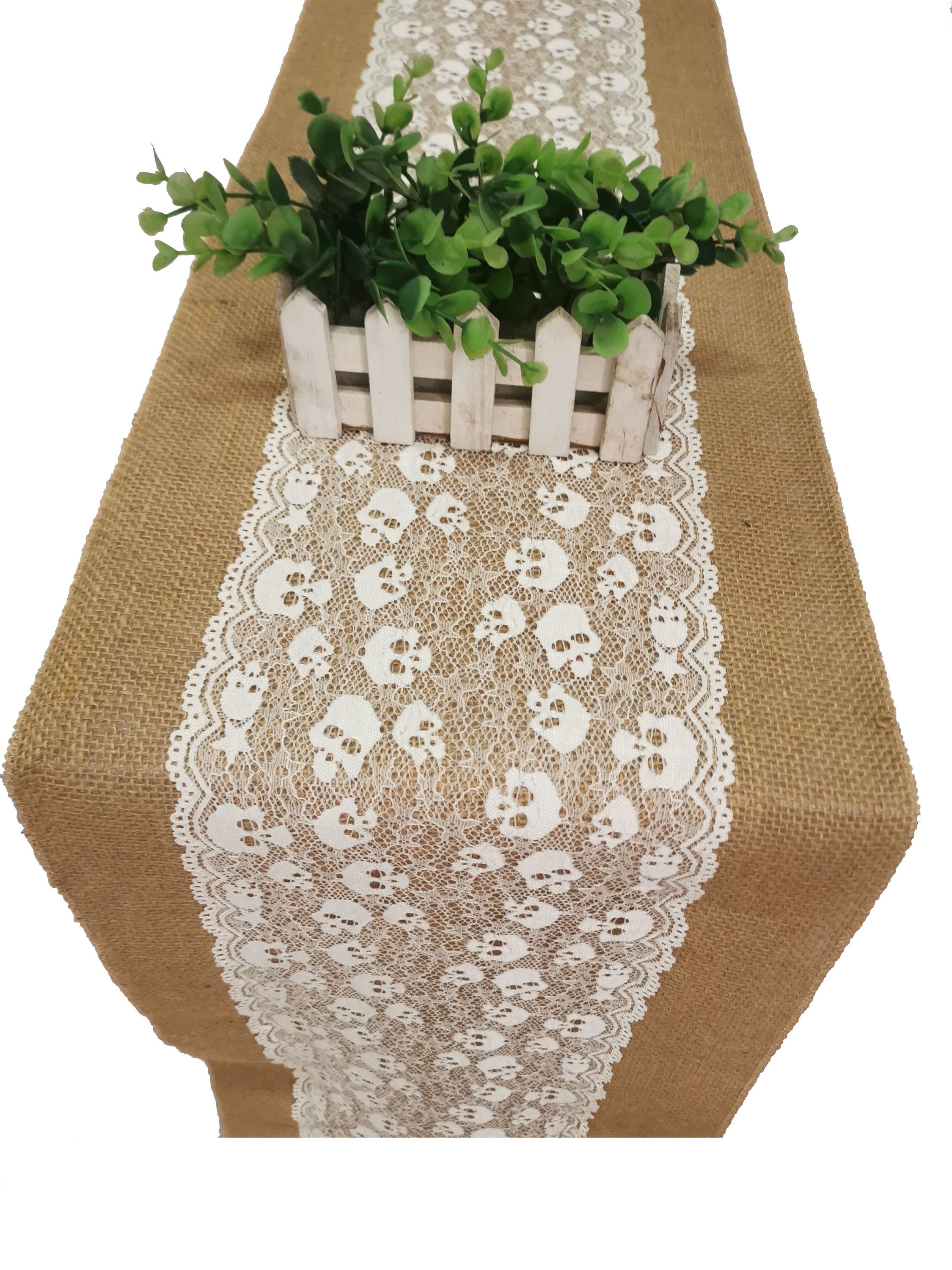 Halloween decor Burlap table runner with lace Halloween wedding skull decor skull table runner Halloween table runner