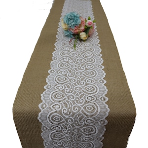 12"X120" / 30cmX300cm burlap table runner, burlap and lace table runner for rustic chic wedding
