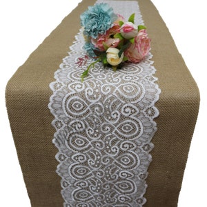 Burlap runner with white lace, Burlap table runner, burlap and lace table runner for rustic chic wedding, Table Décor, weddings