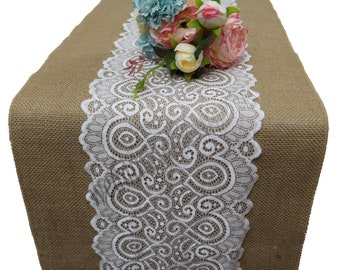 Coureur de toile de jute avec dentelle blanche, coureur de table en toile de jute, coureur de table en toile de jute et de dentelle pour mariage chic rustique, décor de table, mariages