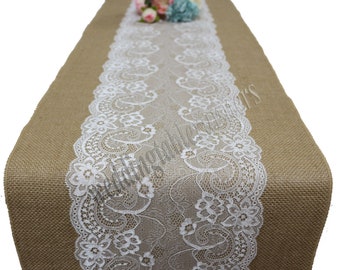 Chemin de toile de jute avec dentelle, chemin de table toile de jute, toile de jute et chemin de table dentelle pour mariage chic rustique