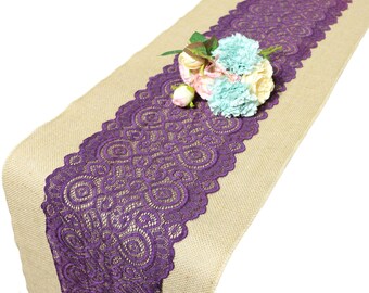 Burlap table runner, Burlap runner with purple lace,burlap and lace table runner for rustic chic wedding, elegant wedding