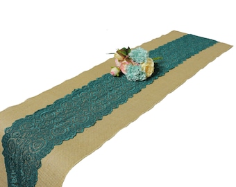 Burlap table runner, Burlap runner with teal lace,burlap and lace table runner for rustic chic wedding, burlap runner