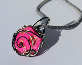 Wire-Wrapped Swirled Pink D12 Dice Necklace