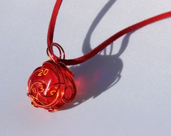 Wire-Wrapped Cherry Bomb Red D20 Dice Necklace
