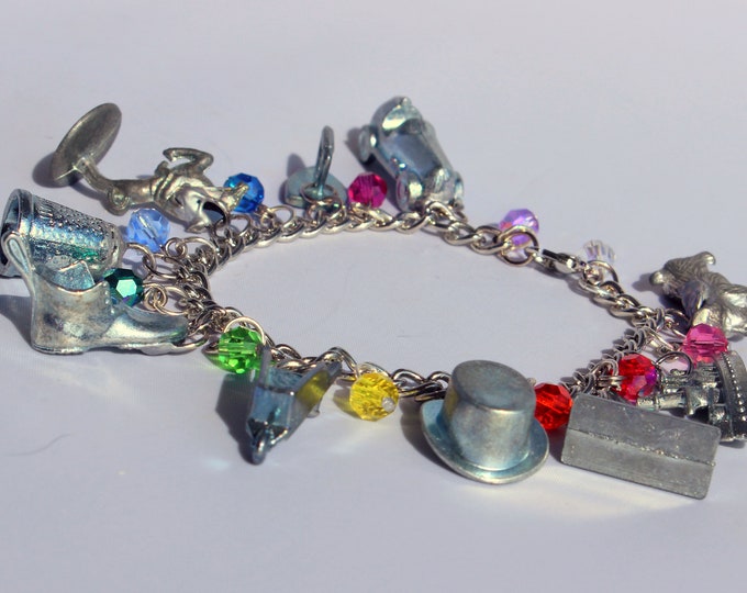 Monopoly Token Charm Bracelet With Rainbow Beads Etsy